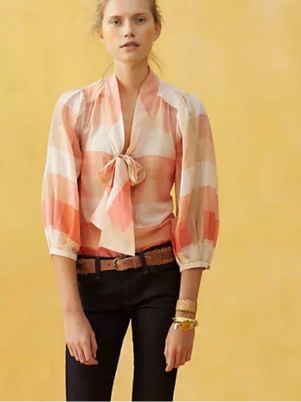 Maeve Anthropologie Plaid Tie Bow Neck Silk Blouse Sz 0